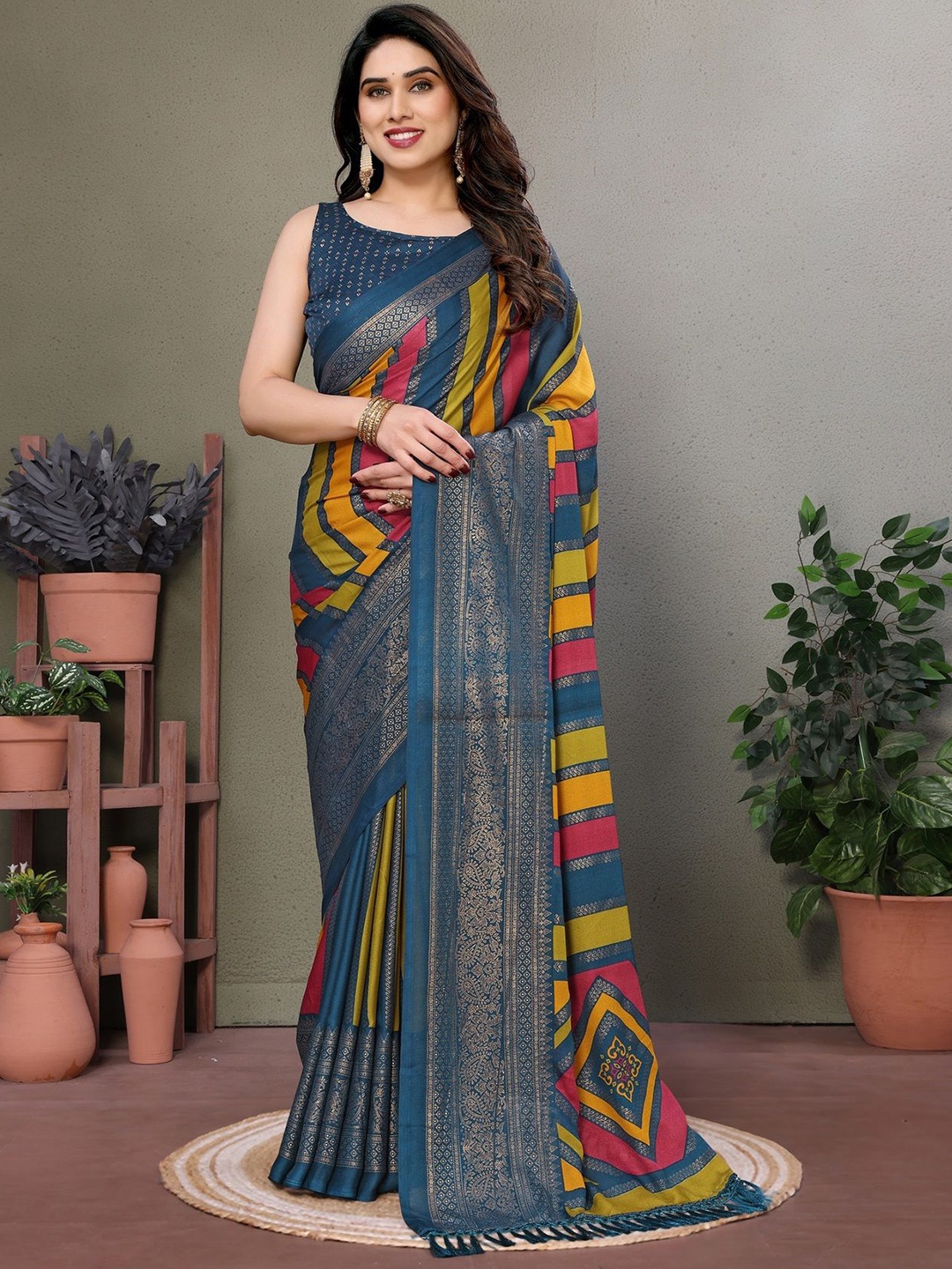 

Fashion FRICKS Ethnic Motifs Silk Cotton Saree, Blue