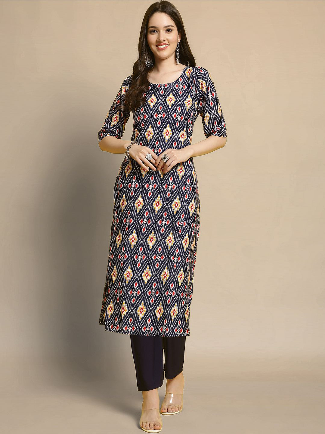 

Moda Rapido Geometric Printed Round Neck Ikat Technique Straight Kurta With Trousers, Navy blue