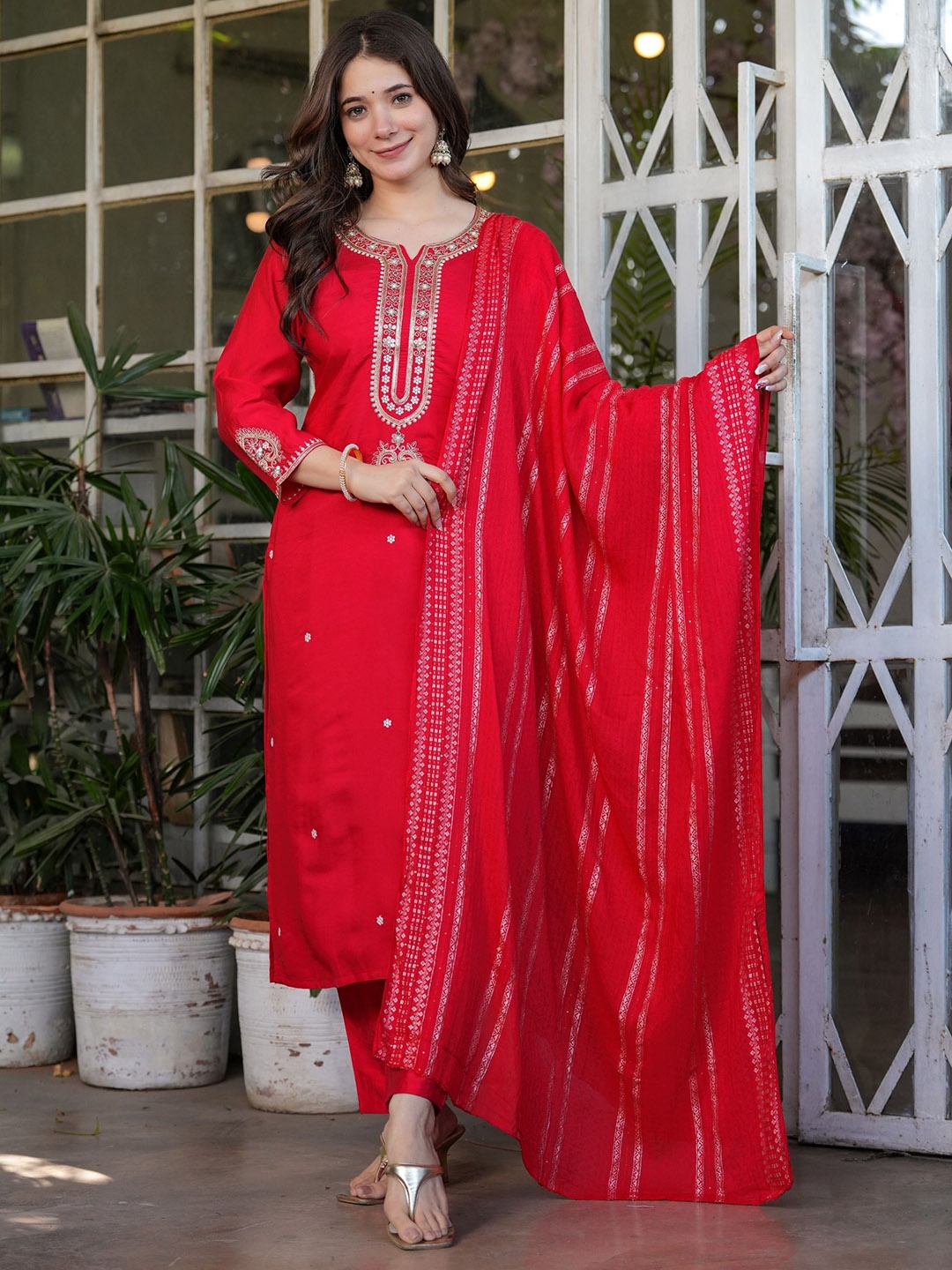 

NIZA FASHION Women Ethnic Motifs Embroidered Regular Chanderi Silk Kurta with Trousers & With Dupatta, Red
