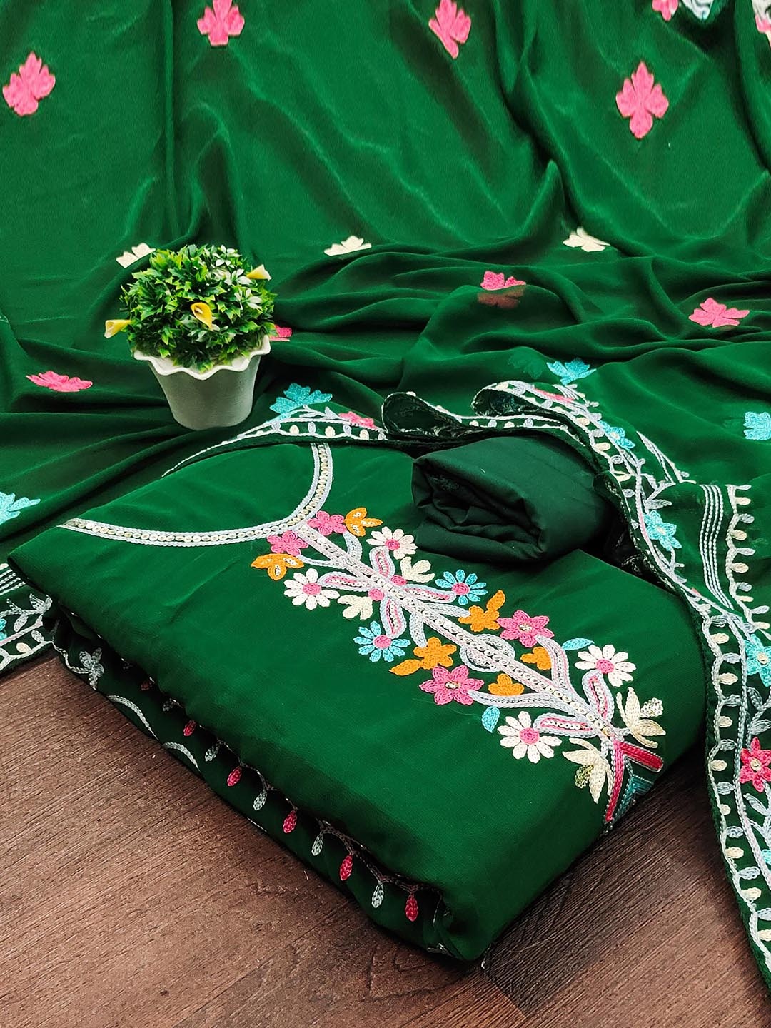 

SAINOOR Floral Embroidered Silk Georgette Unstitched Dress Material, Green