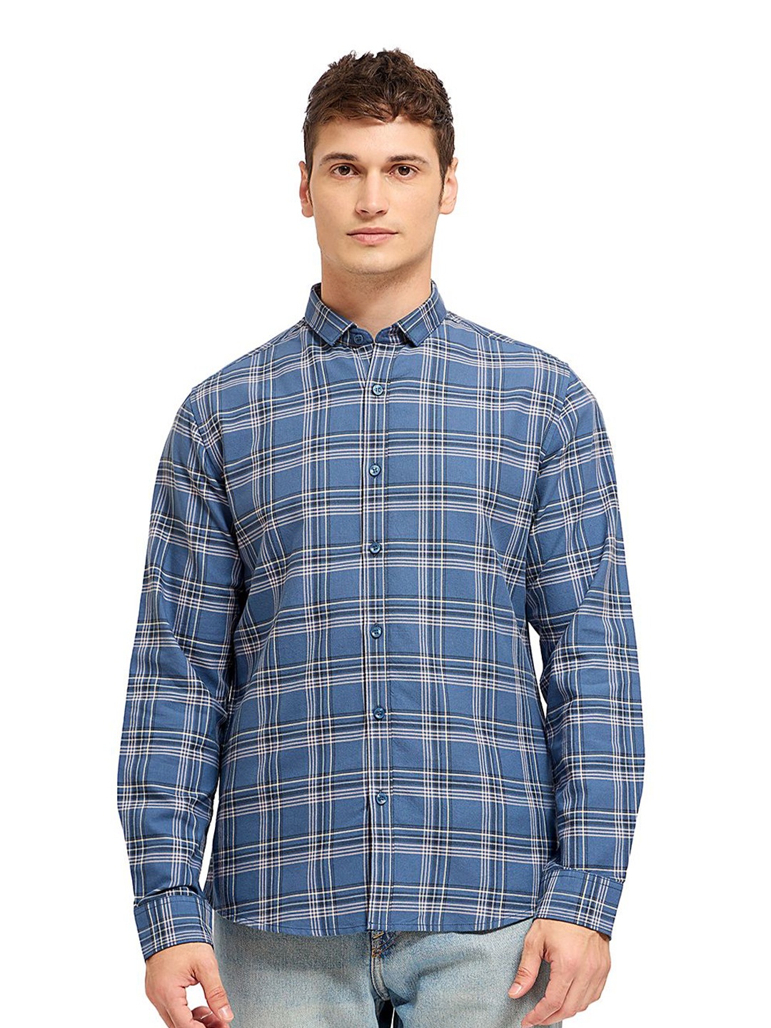 

Mast & Harbour Men Comfort Tartan Checks Opaque Checked Casual Shirt, Blue