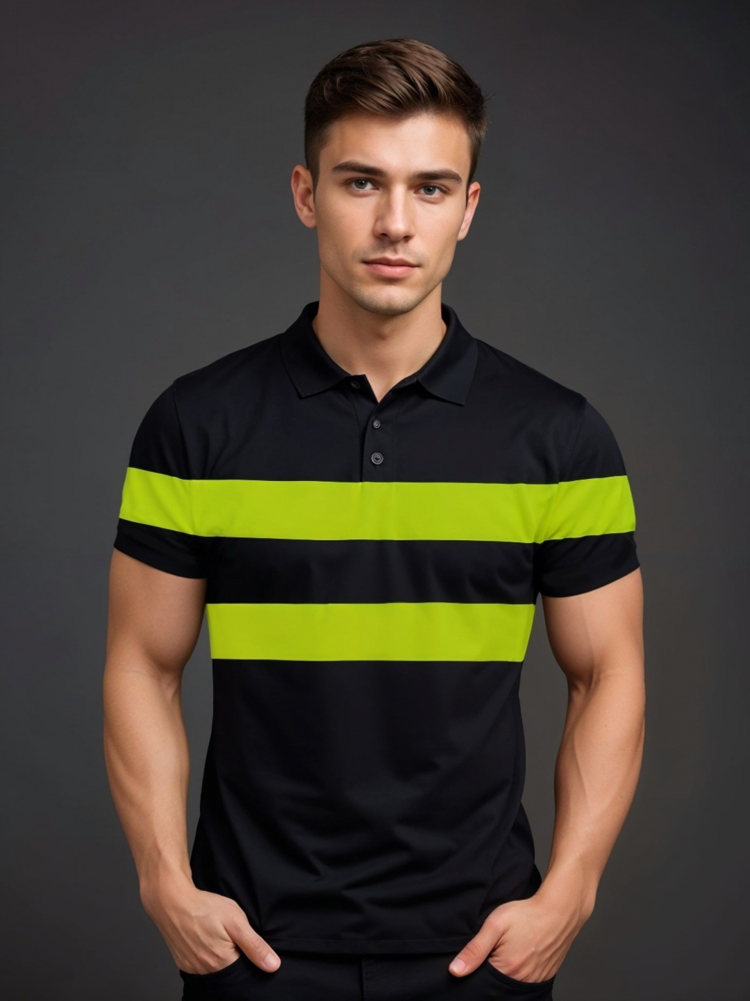 

SOBERSAINT Men Striped Polo Collar T-shirt, Black