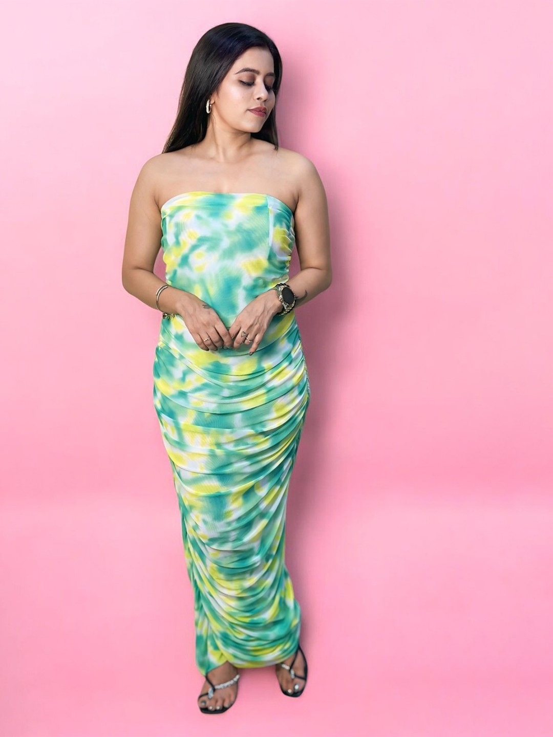 

HOW House Of Wear Tie and Dye Print Net Bodycon Maxi Dress, Lime green