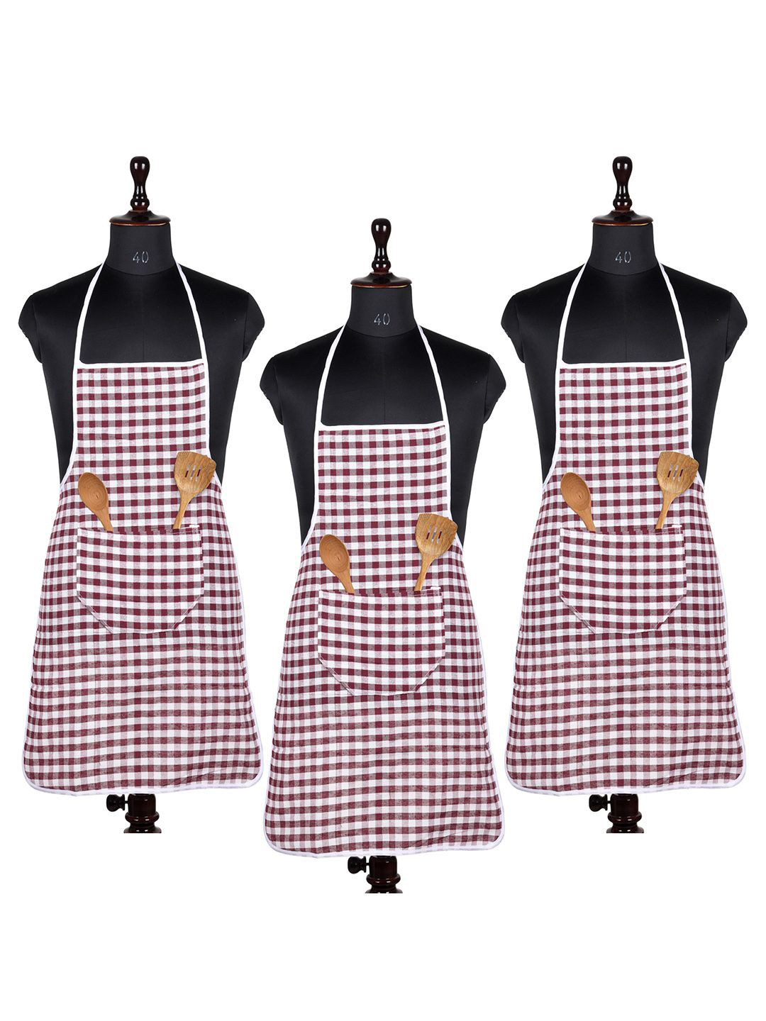 

Kuber Industries Maroon & White 3 Pieces Checked Cotton Aprons