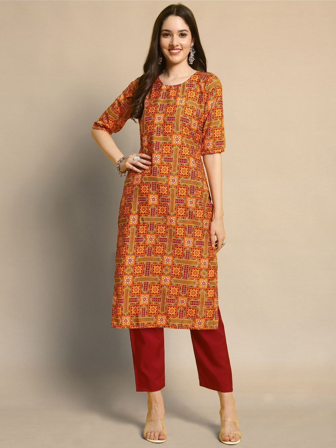 

Moda Rapido Red & Yellow Ethnic Motifs Printed Straight Kurta with Trousers