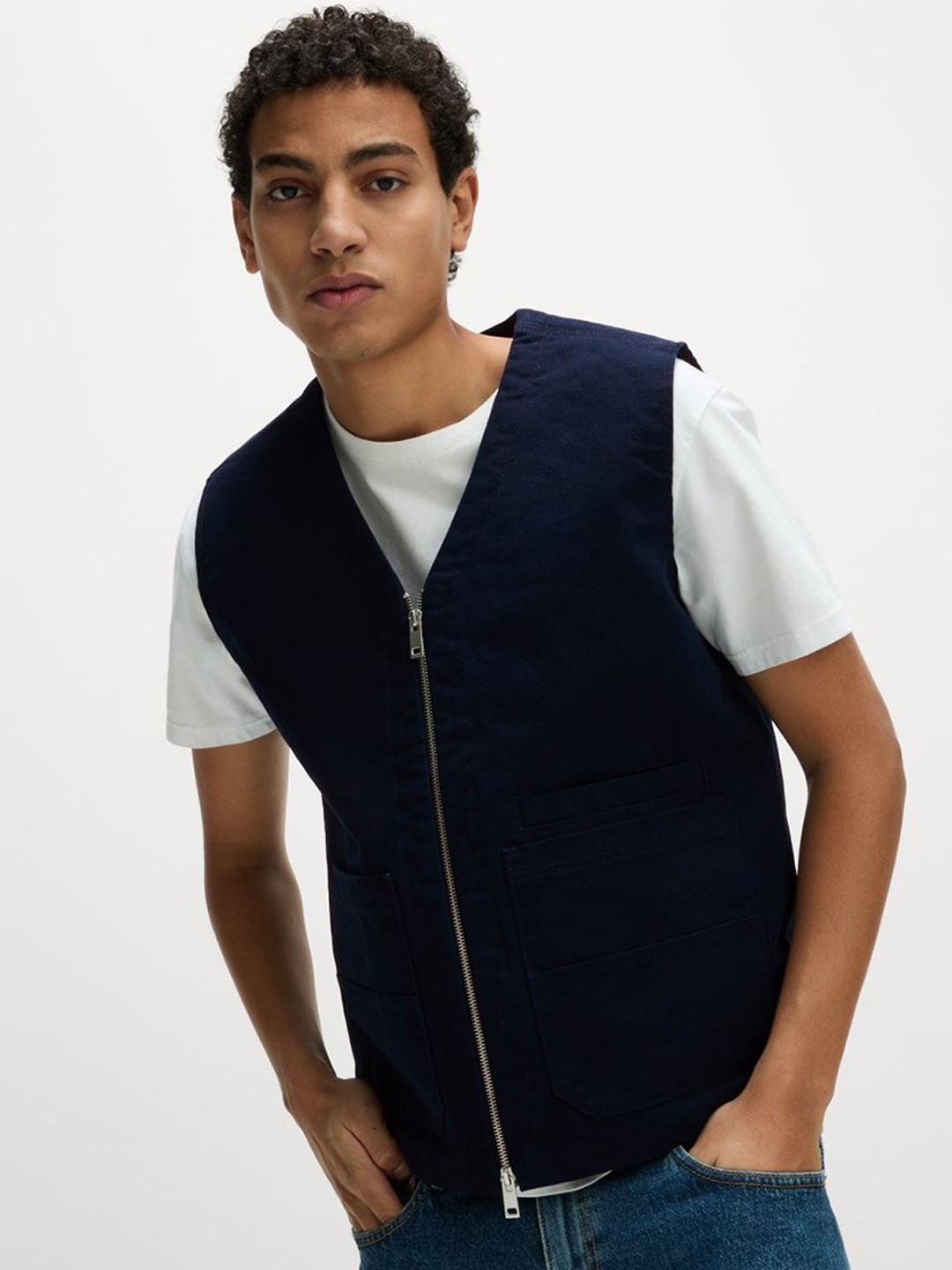 

Marks & Spencer Men Striped Cotton Crop Bomber Jacket, Navy blue