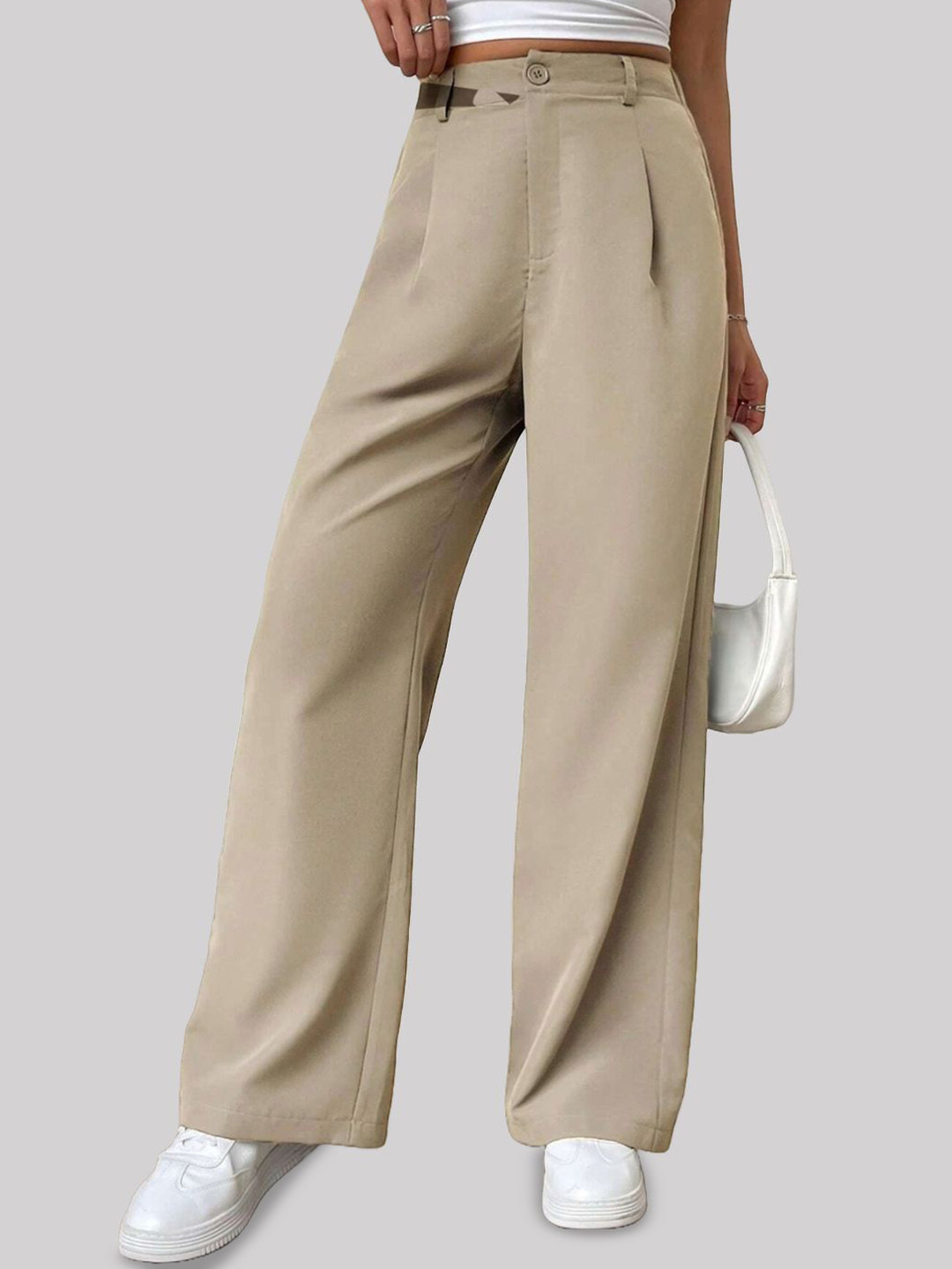 

FNOCKS Women Classic Regular Fit High-Rise Pleated Trousers, Cream