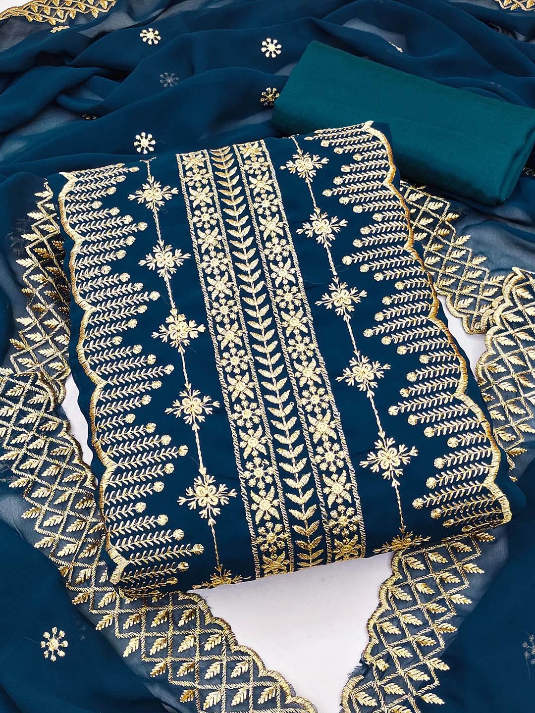 

SAINOOR Embroidered Thread Work Silk Georgette Semi-Stitched Dress Material, Teal