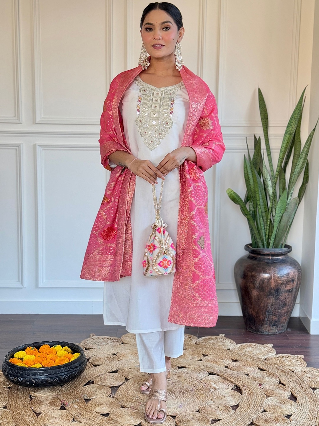 

NIZA FASHION Women Ethnic Motifs Embroidered Regular Chanderi Silk Kurta with Trousers & With Dupatta, White
