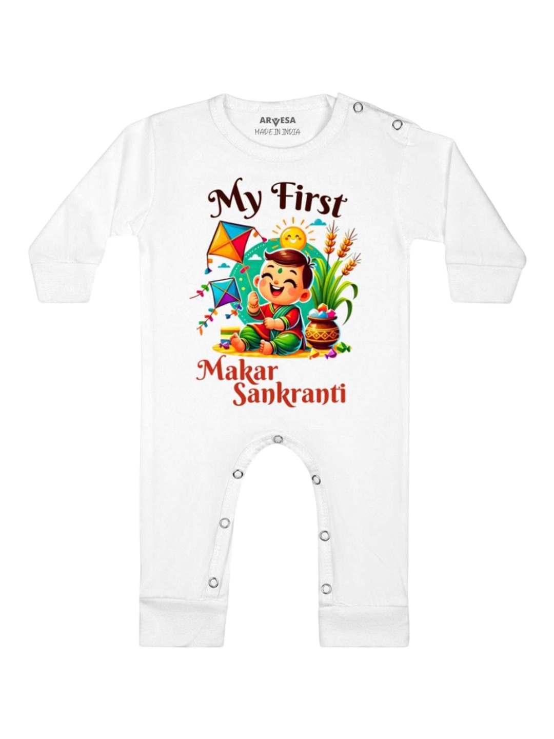 

Arvesa First Makar sankranti Printed Baby Romper, White