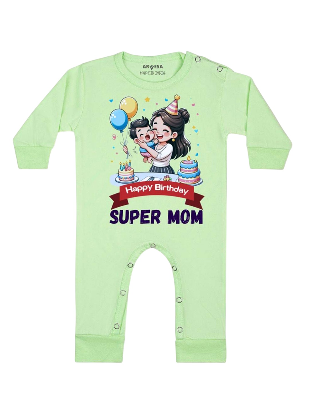 

Arvesa Kids Happy Birthday Super Mom Printed Baby Romper, Green