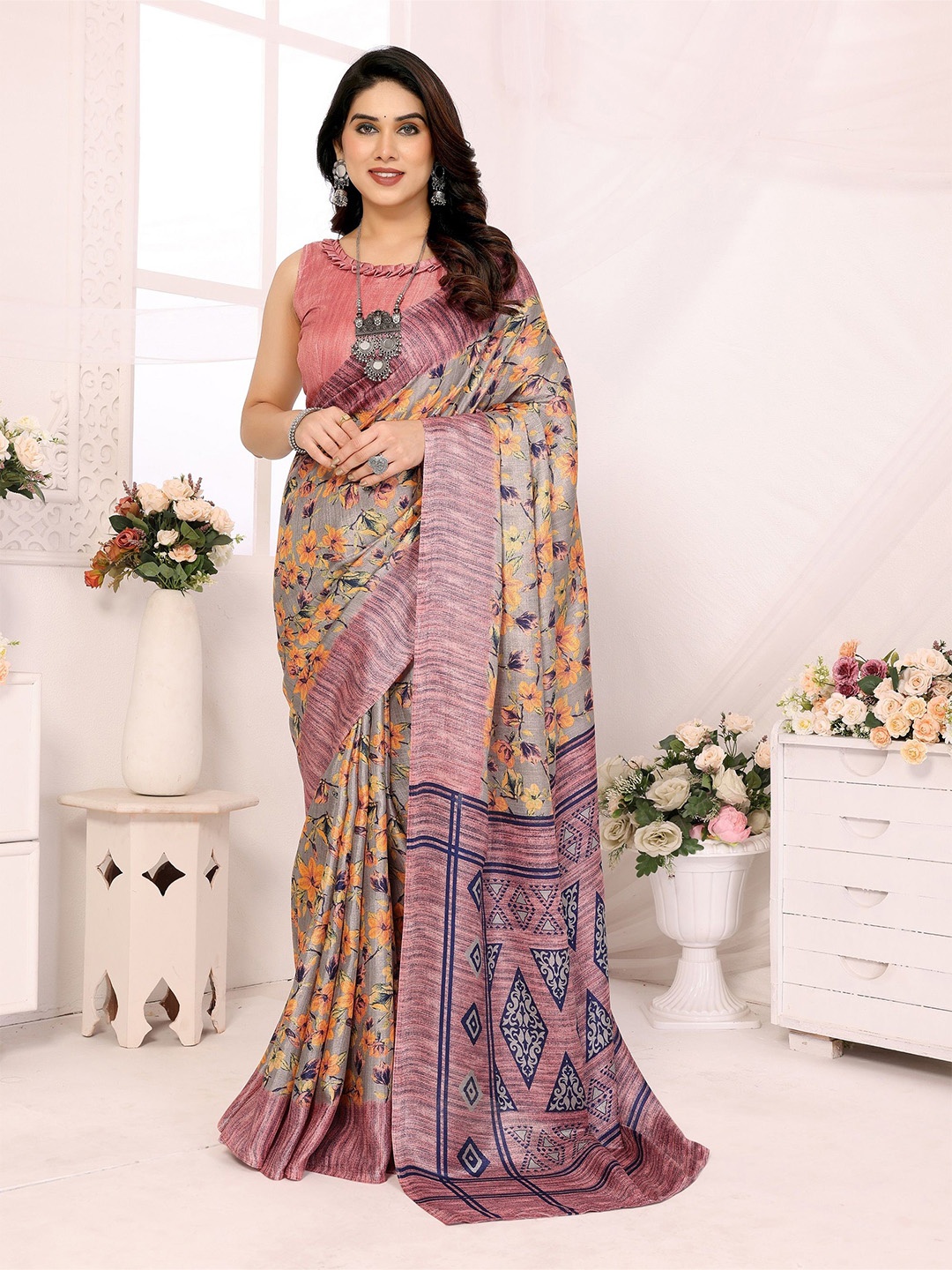 

Moda Rapido Floral Art Silk Saree, Grey