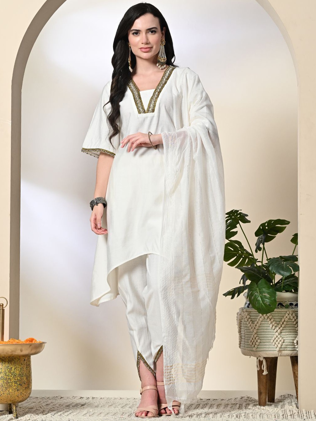 

KALINI Women Regular Kurta with Dhoti Pants & With Dupatta, White