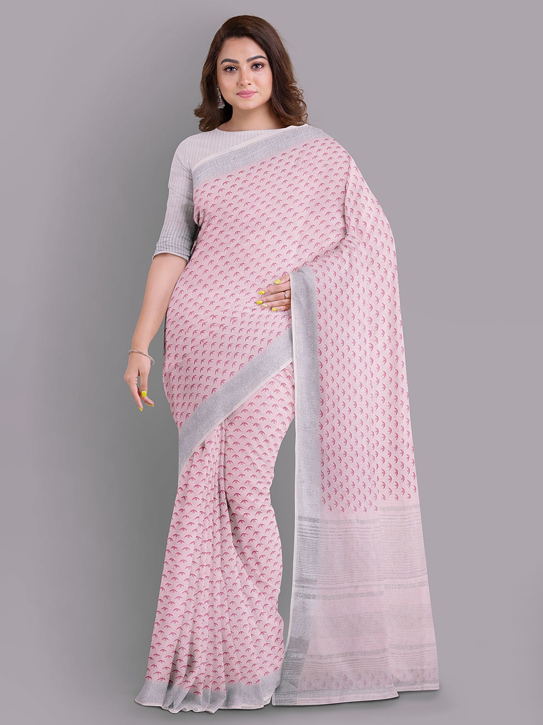 

The Chennai Silks Floral Zari Linen Blend Bhagalpuri Saree, Pink