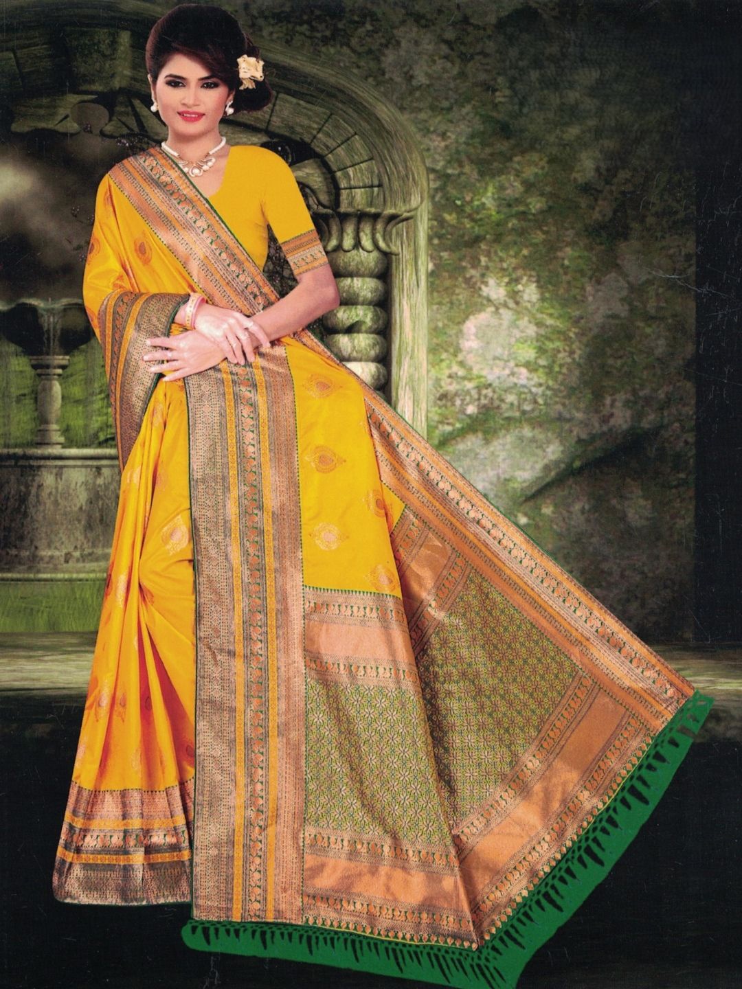 

SHOPPKEE Ethnic Motifs Zari Silk Blend Banarasi Saree, Yellow