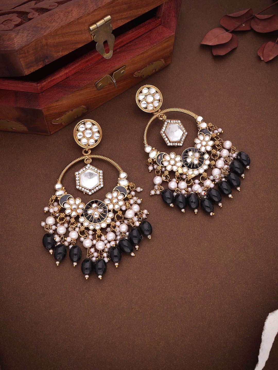 

Lyriss Gold-Plated Artificial Stones Studded And Beaded Floral Shaped Drop Earrings