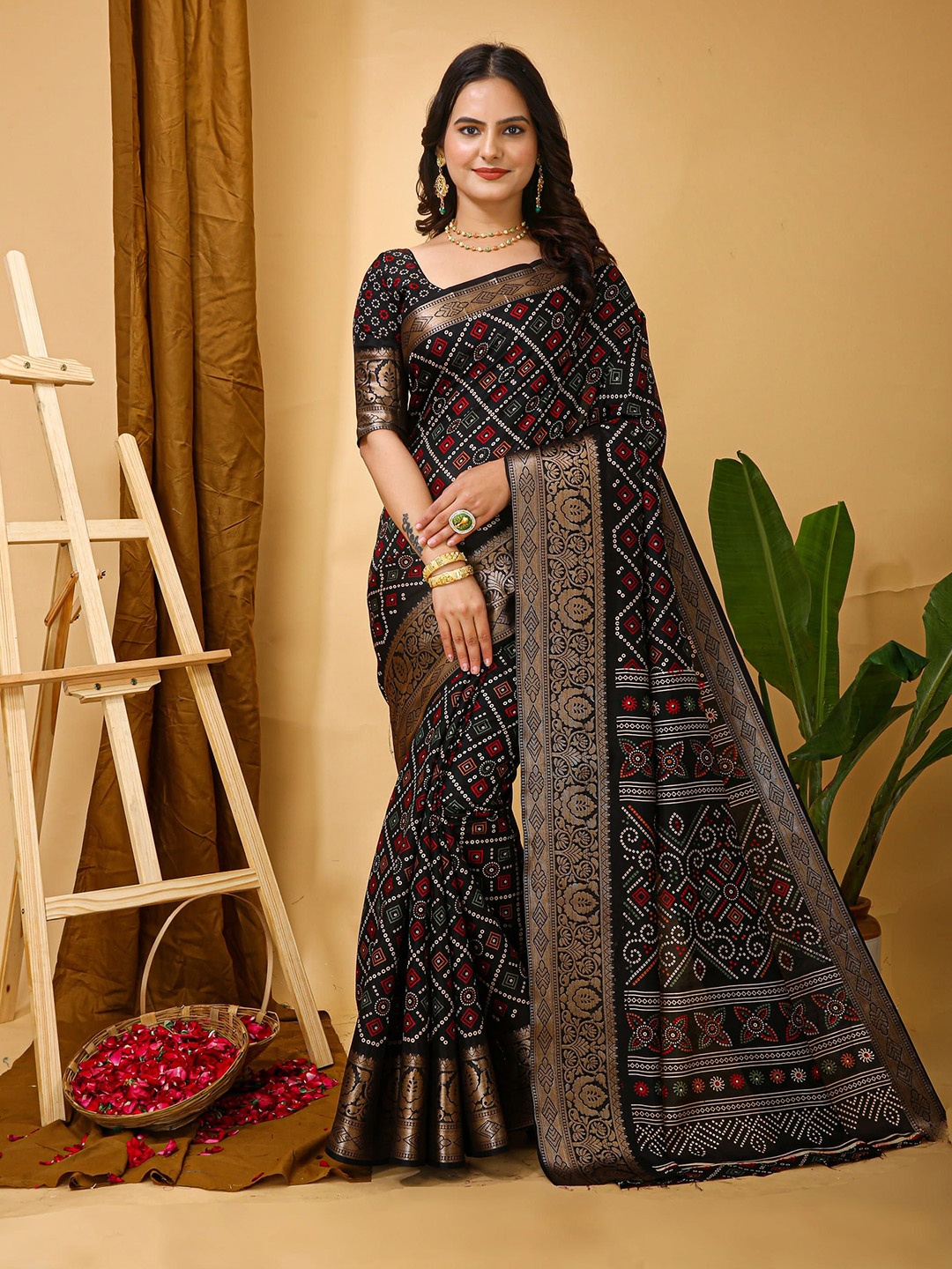 

V3 FASHION STUDIO Ethnic Motifs Zari Art Silk Saree, Black