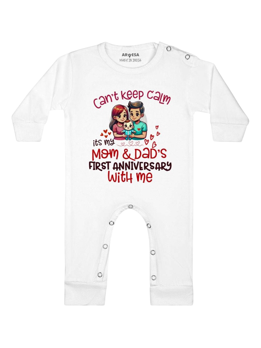 

Arvesa Kids First Anniversary With Mom And Dad Printed Baby Romper, White