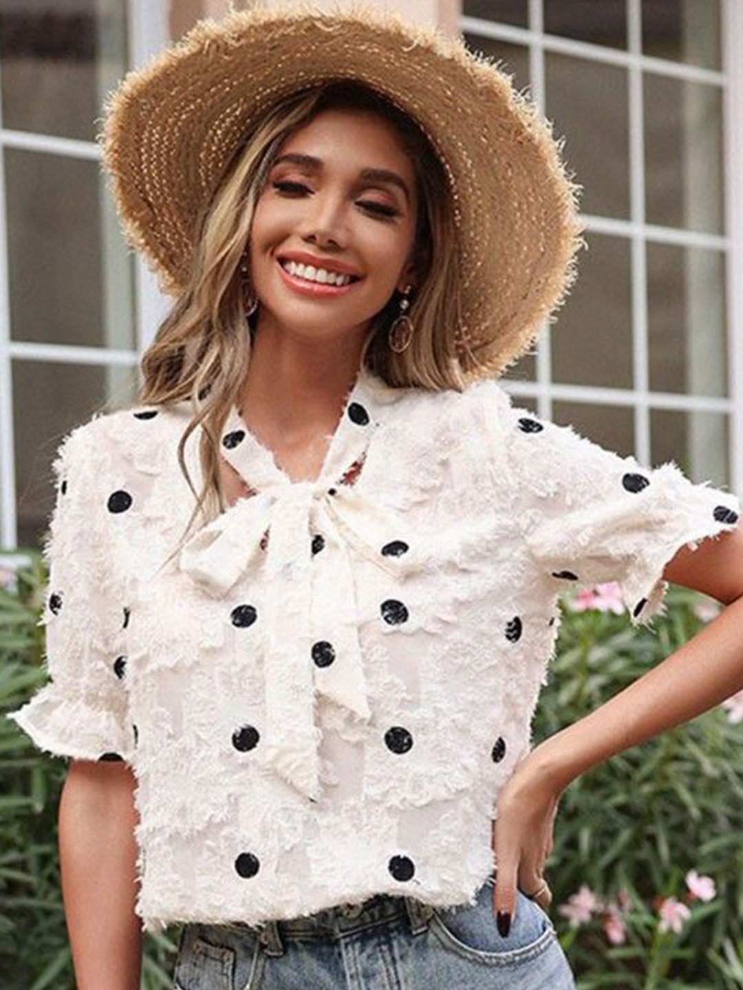 

HERE&NOW Polka Dot Print Tie-Up Neck Puff Sleeve Chiffon Top, White