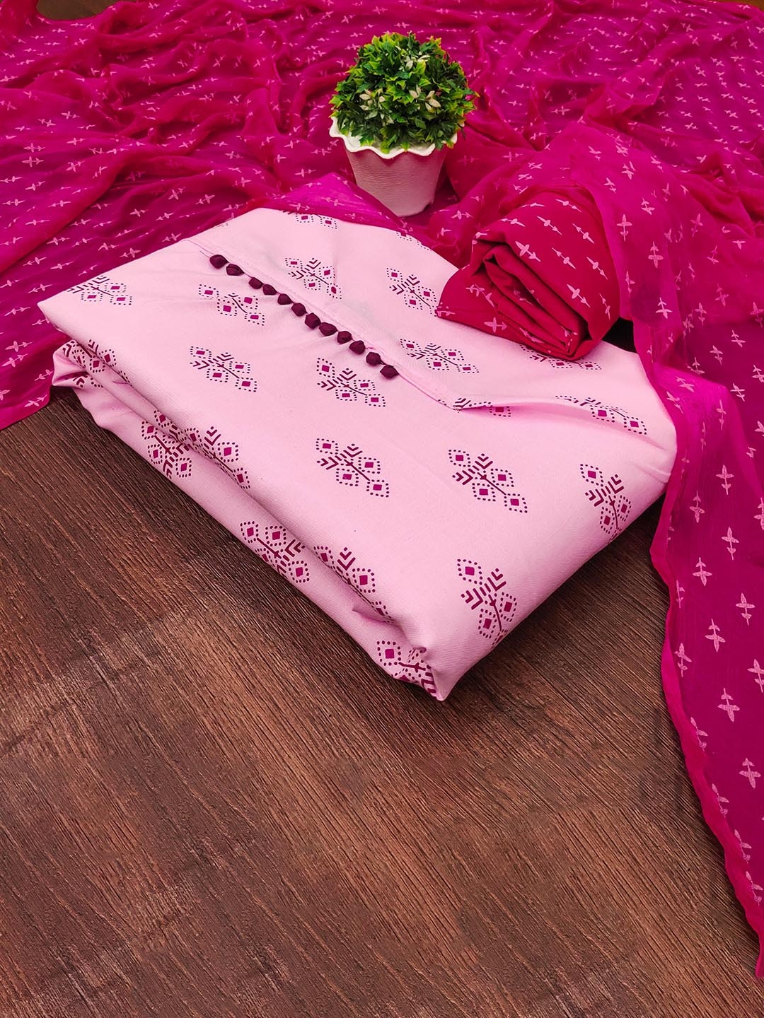 

SAINOOR Ethnic Motifs Printed Unstitched Dress Material, Pink