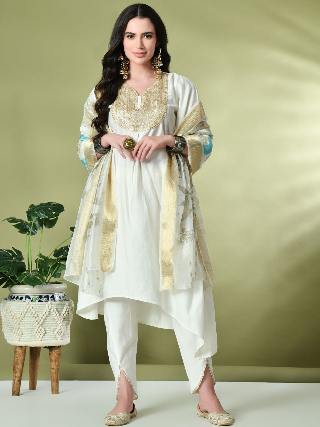 

KALINI Floral Yoke Design Sequinned V-Neck A-Line Kurta with Dhoti Pants & Dupatta, White