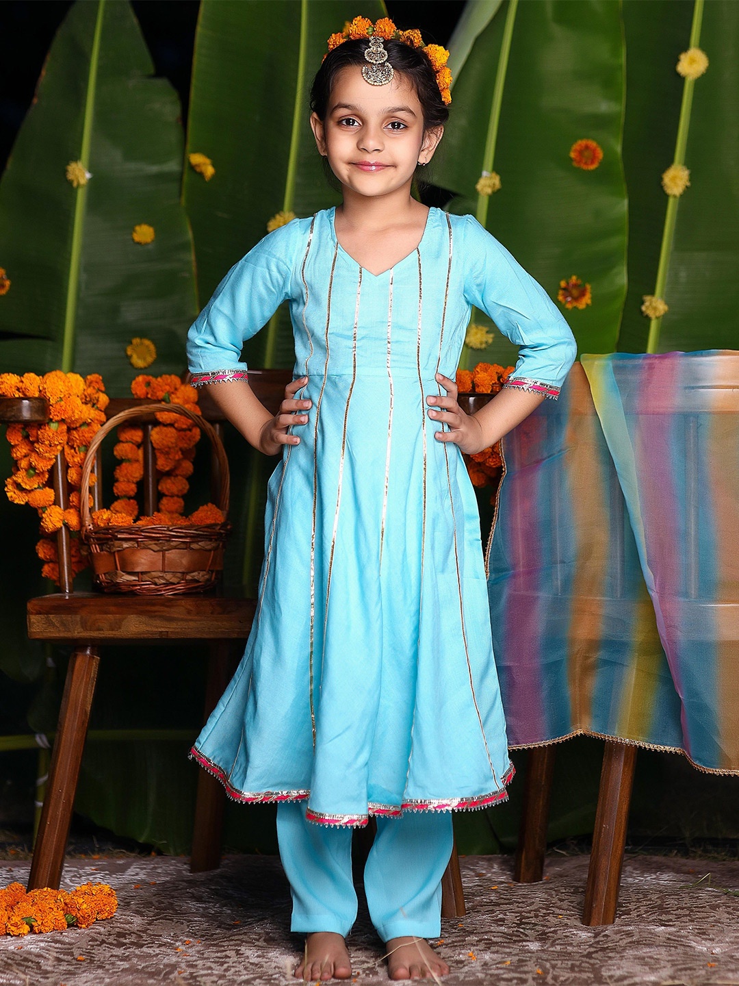 

Thread & Button Girls Striped Regular Kurta with Trousers & With Dupatta, Blue