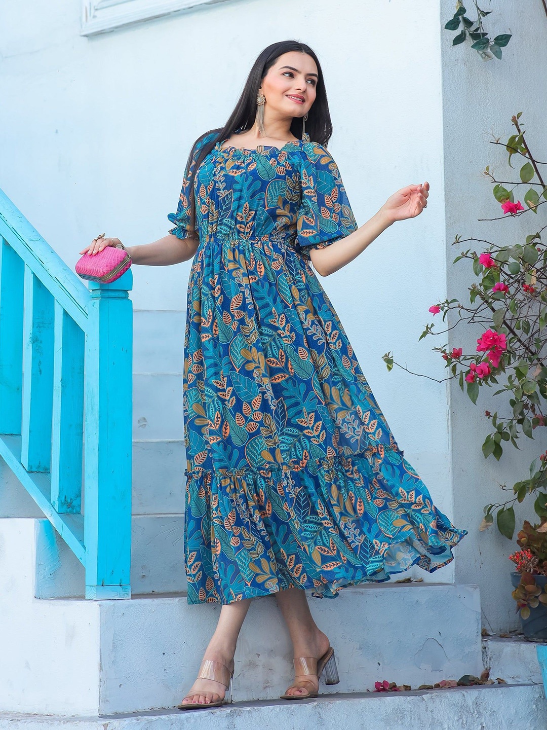 

Jash Creation Floral Print Crepe Fit & Flare Maxi Dress, Blue