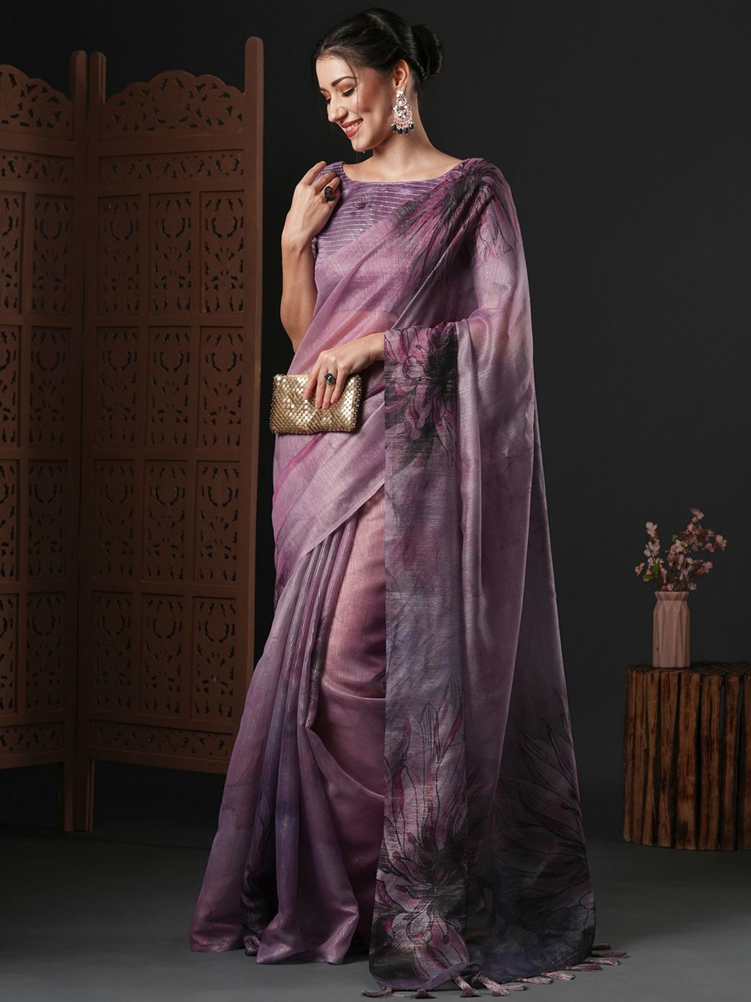 

Mitera Floral Zari Organza Saree, Mauve