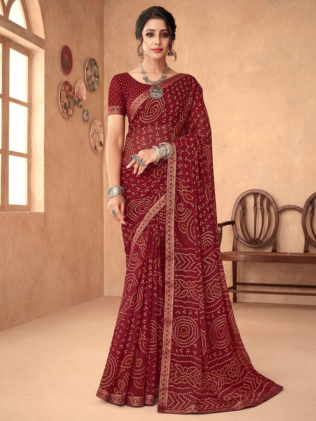 

Mitera Bandhani Poly Chiffon Bandhani Saree, Maroon