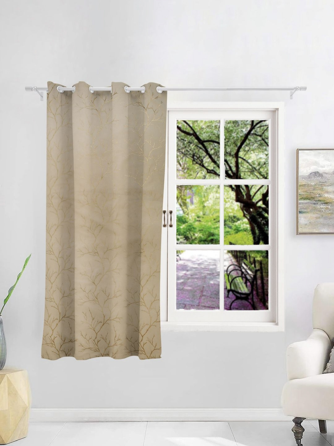 

THE CONVERSION Cream Abstract Printed Premium Velvet Room Darkening Window Curtain