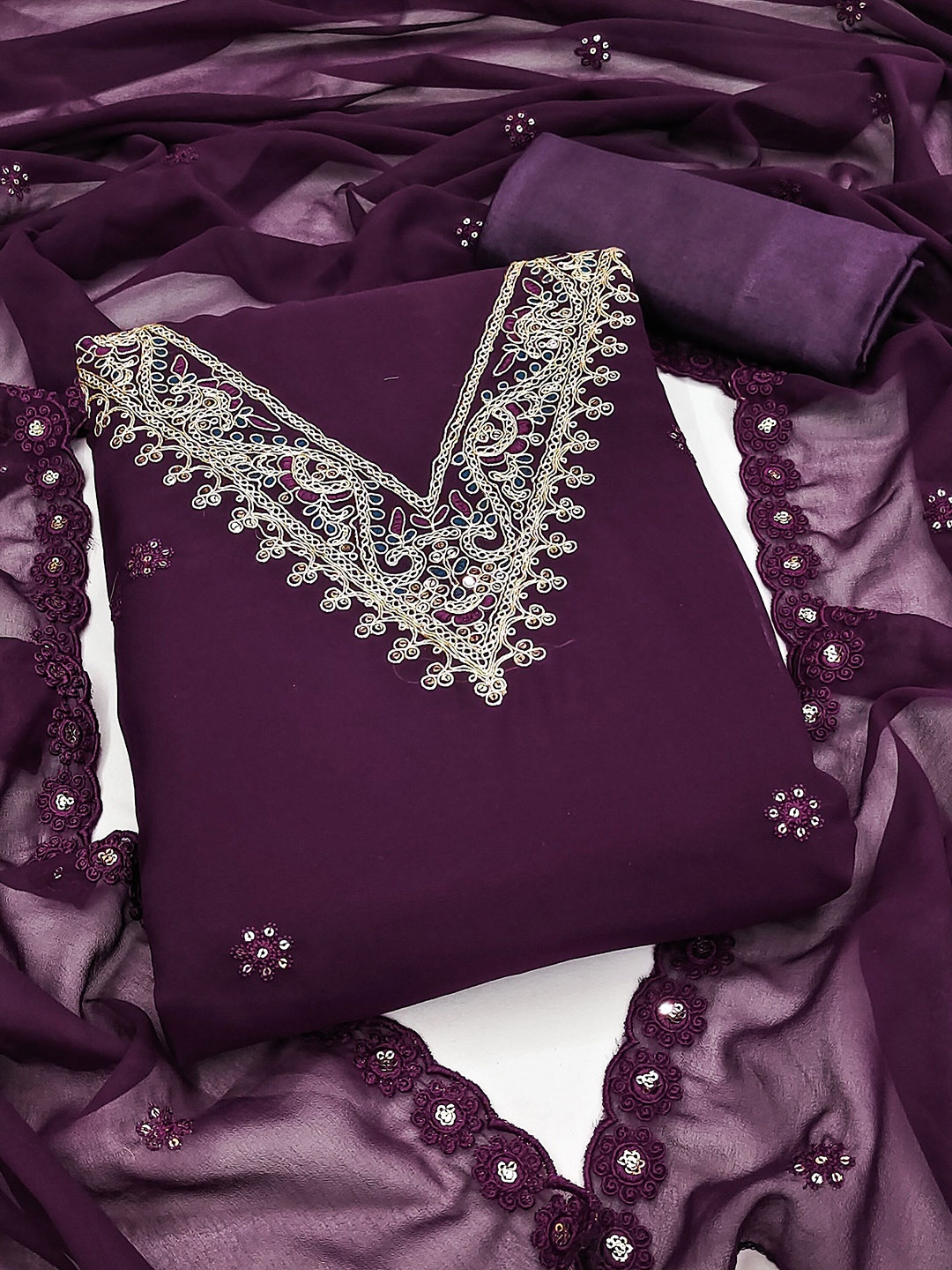

SAINOOR Embroidered Silk Georgette Unstitched Dress Material, Purple