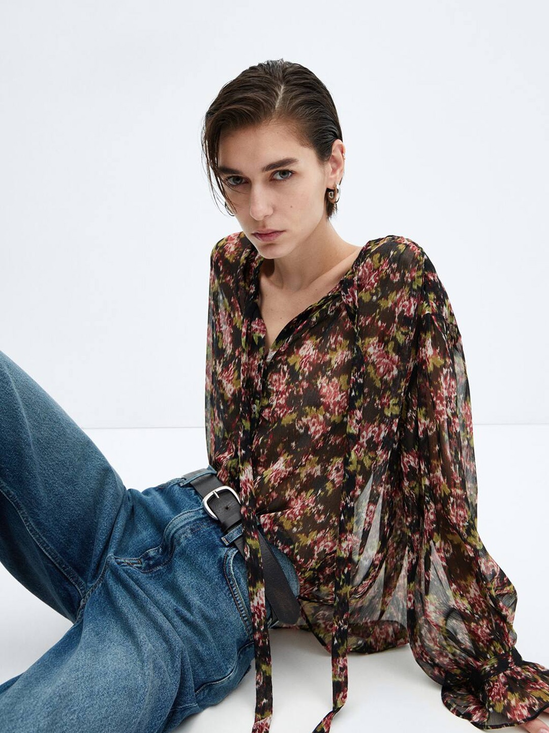 

MANGO Floral Print Tie-Up Neck Bell Sleeve Top, Black