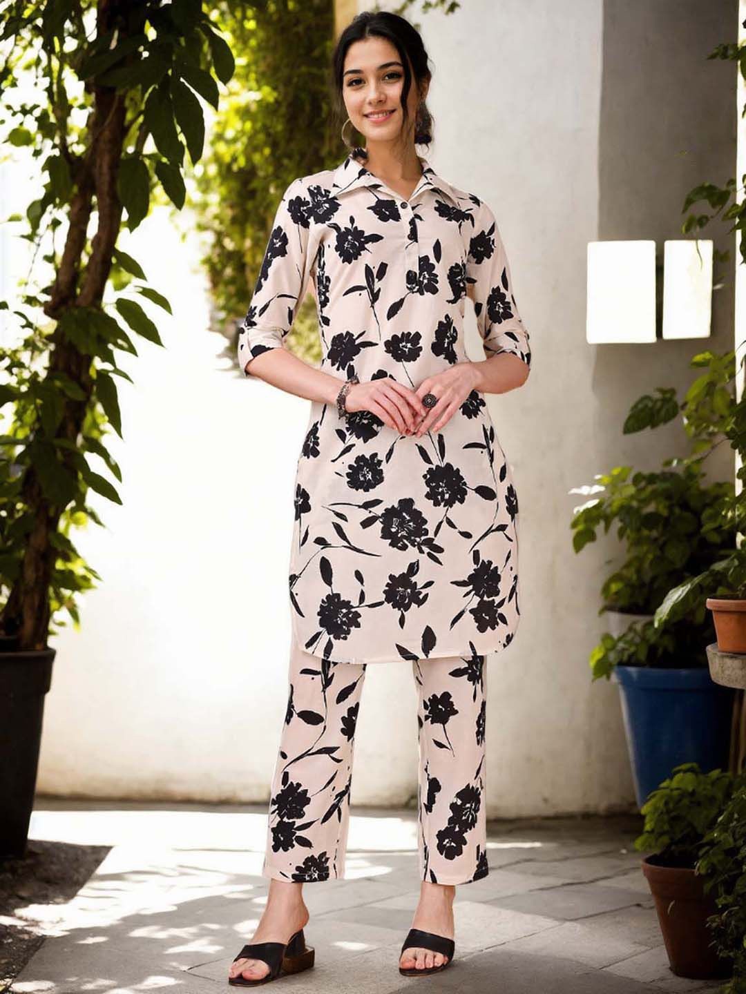 

Anouk Floral Printed Shirt Collar Pure Cotton Tunic With Trousers, Cream