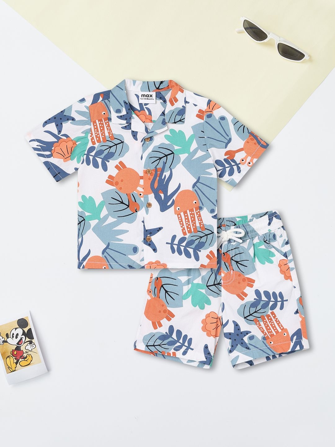 

max Boys Printed Short Sleeves Pure Cotton Shirt With Shorts, White