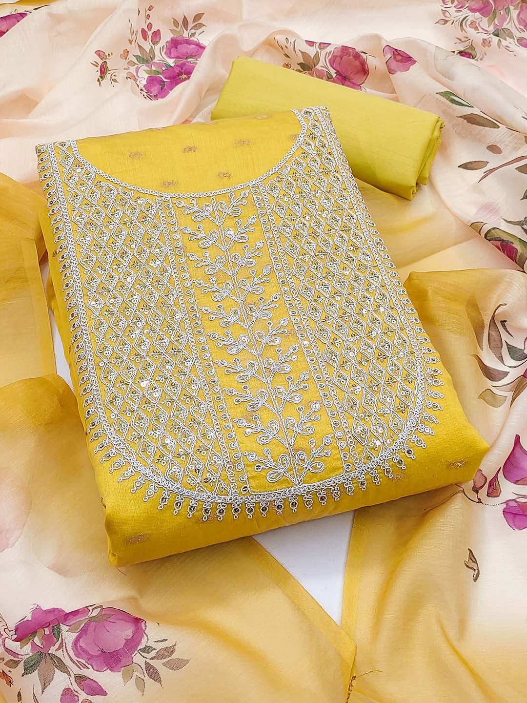 

SAINOOR Sequinned Embroidered Unstitched Dress Material, Yellow