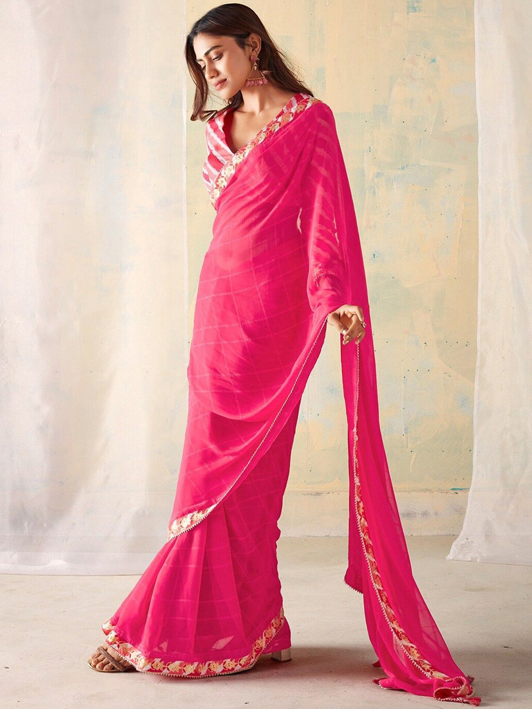 

Moda Rapido Checked Poly Georgette Saree, Pink