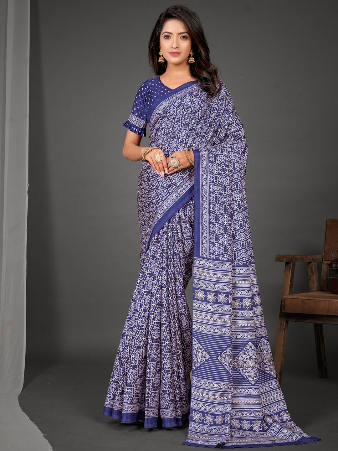 

Mitera Ajrak Block Silk Blend Block Print Saree, Blue