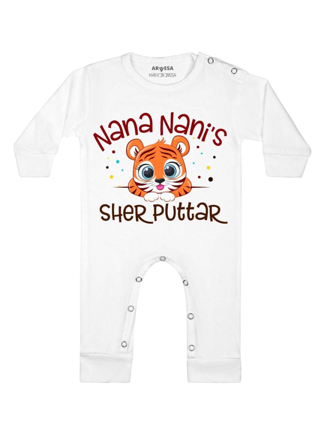 

Arvesa Kids Nana Nani Sher Puttar Printed Baby Romper, White