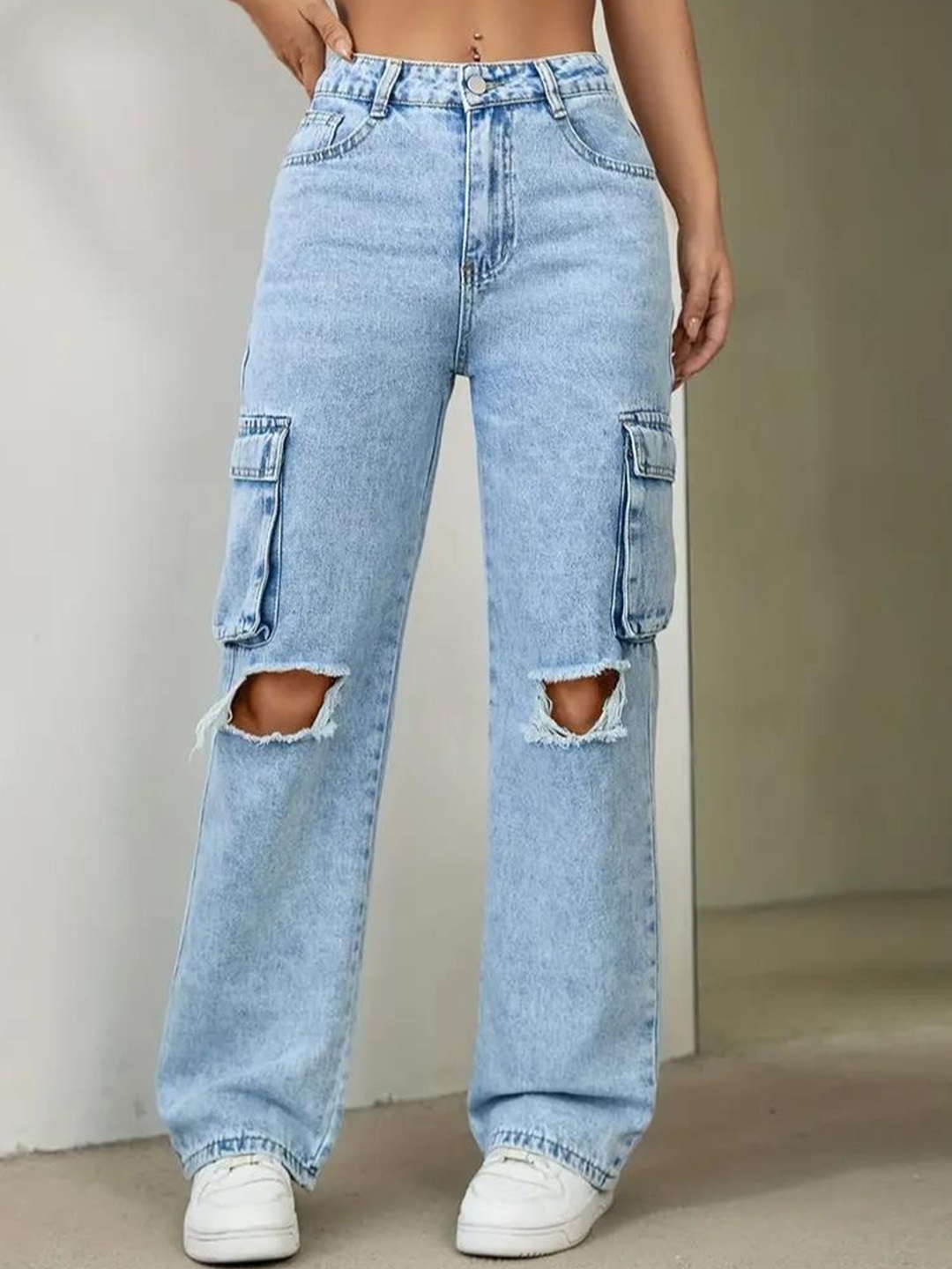 

DressBerry Women Comfort Wide Leg High-Rise Slash Knee Light Fade Acid Wash Stretchable Jeans, Blue
