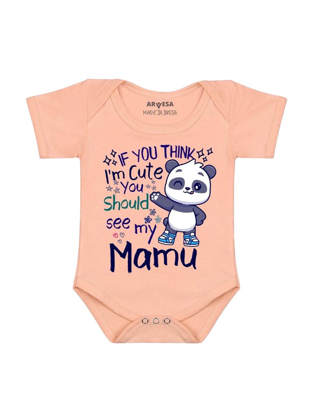 

Arvesa I Am Cute You Should See My Mamu Printed Romper, Peach