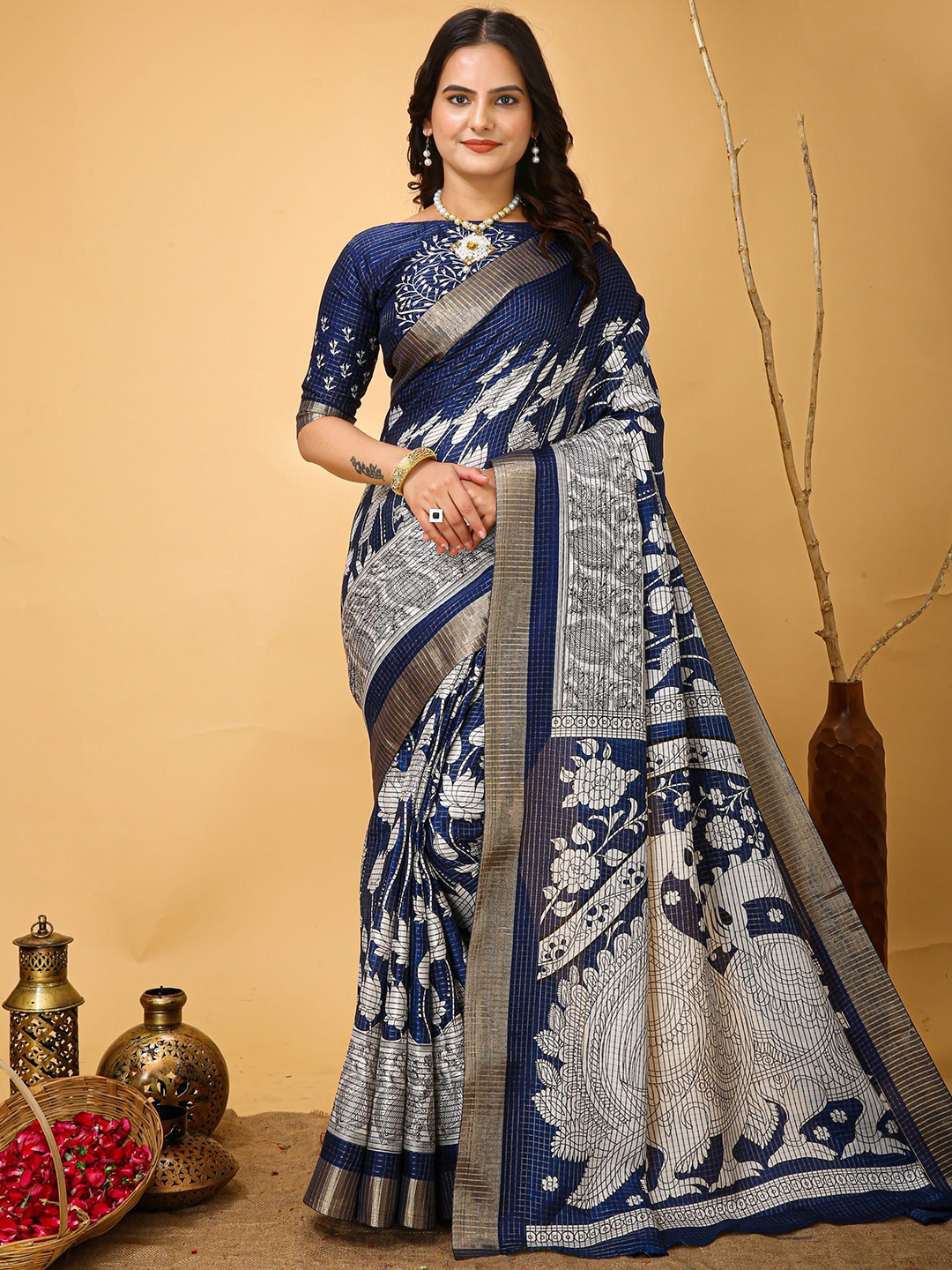 

V3 FASHION STUDIO Ethnic Motifs Zari Art Silk Banarasi Saree, Blue