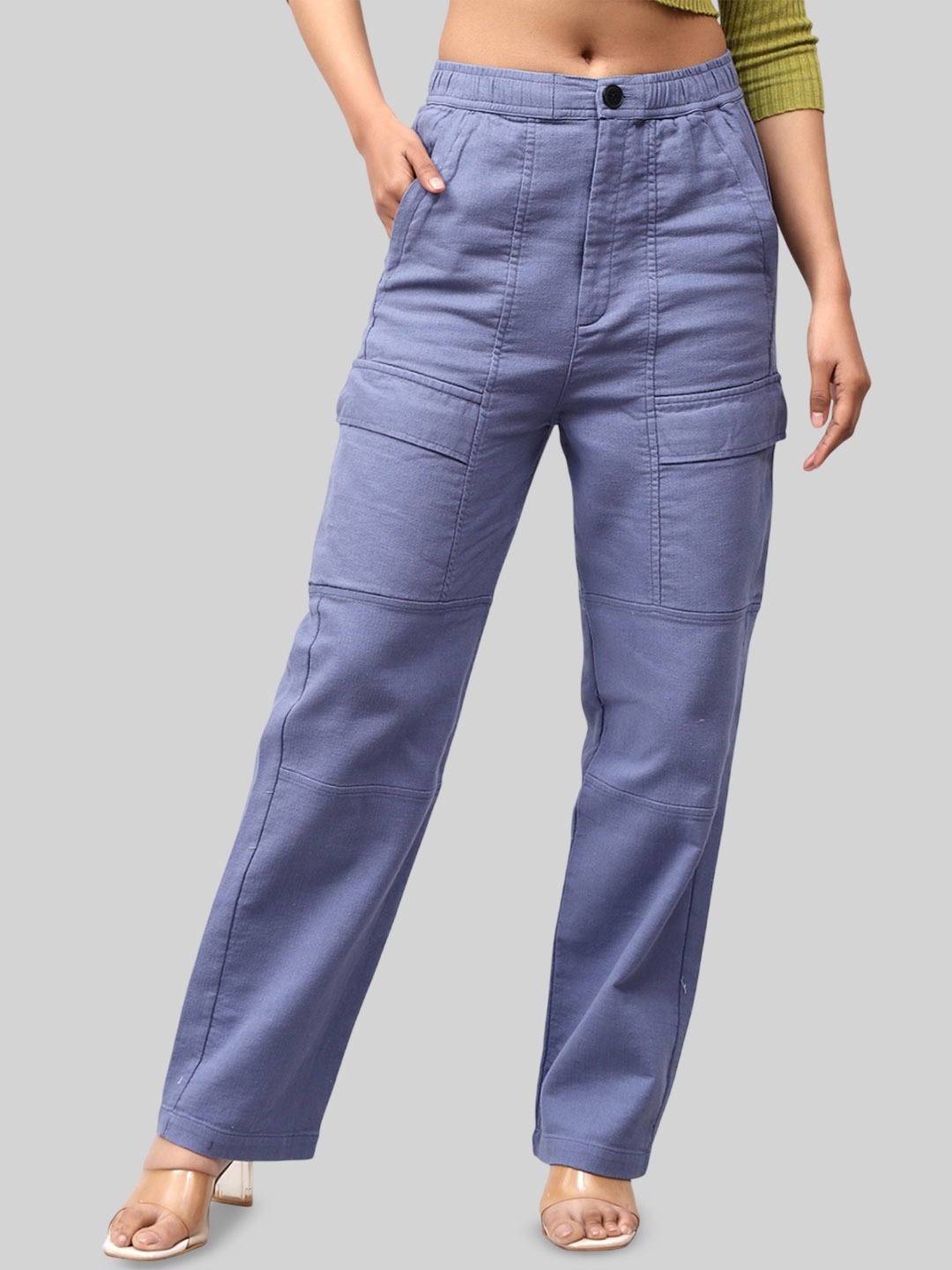 

BLUEBIRD Women Relaxed Loose Fit High-Rise Cargos Trousers, Blue