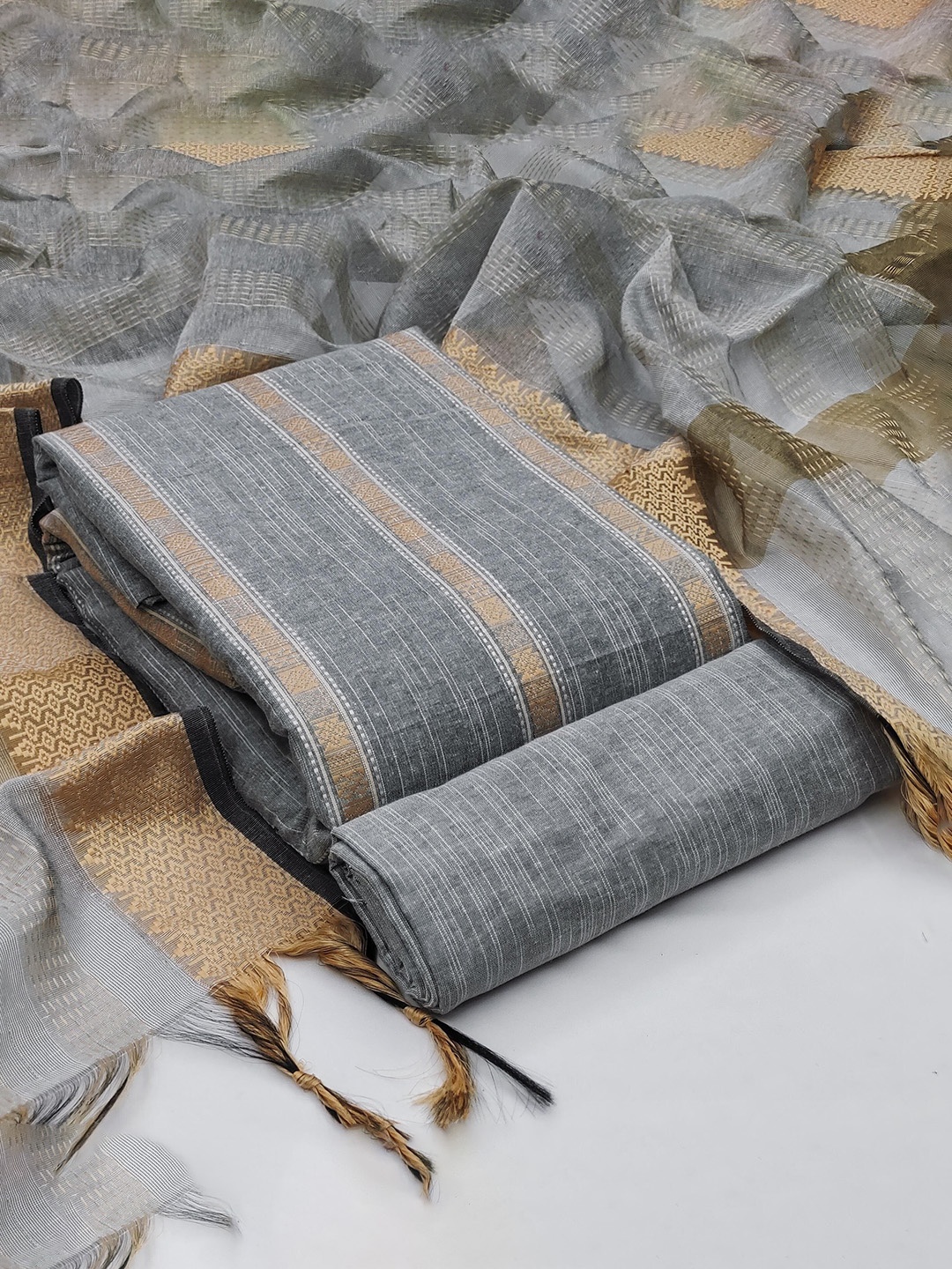 

SAINOOR Striped Woven Design Unstitched Dress Material, Grey