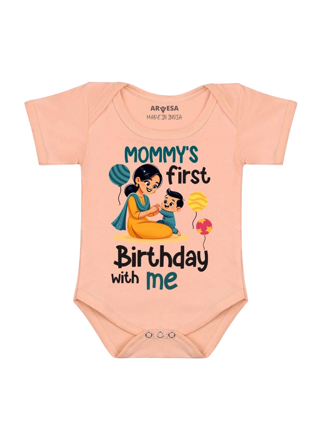 

Arvesa Mommy First Birthday With Me Printed Romper, Peach