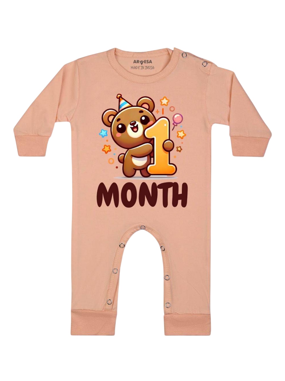 

Arvesa One Month Baby Boy Printed Baby Romper, Peach