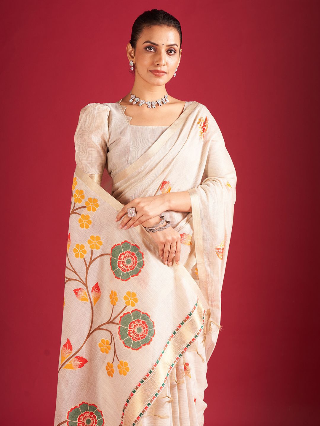 

SARHAFloral Chanderi Saree, Cream