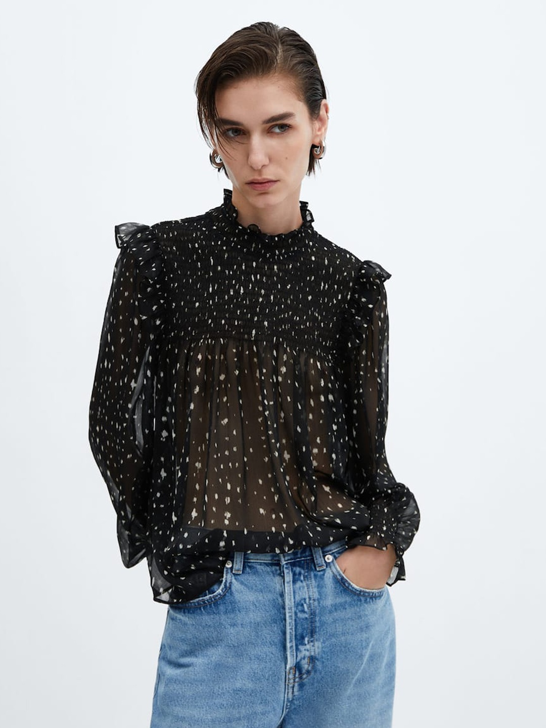 

MANGO Printed Smocked Detail Ruffled Semi Sheer Top, Black