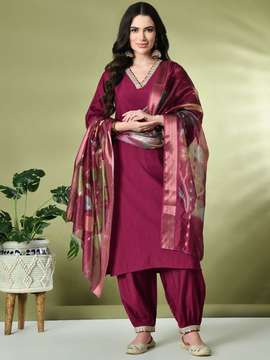 

KALINI Floral Yoke Design V-Neck Zari Straight Kurta With Salwar & Dupatta, Magenta
