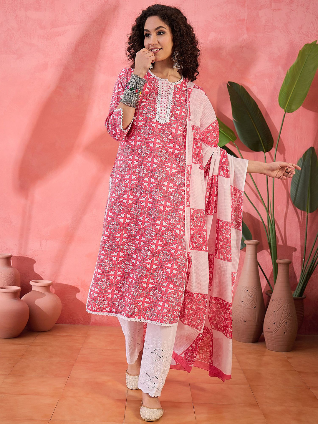 

Sangria Ethnic Motifs Printed Thread Work Pure Cotton Kurta With Trousers & Dupatta, Pink