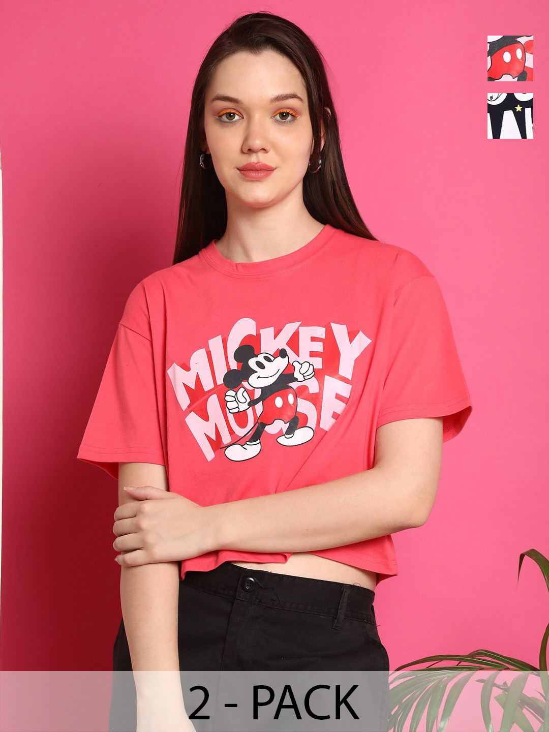 

Dreambe Women Pack of 2 Mickey Mouse Graphic Printed Round Neck Cotton Boxy T-shirts, Pink